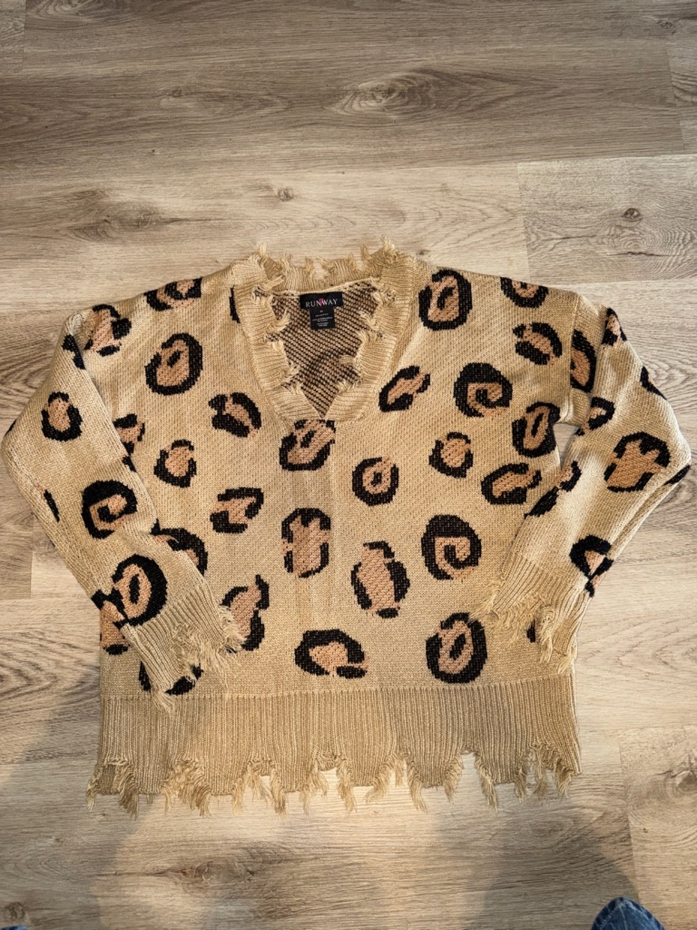 Runway Leopard-Print V-Neck Sweater in Beige and Black